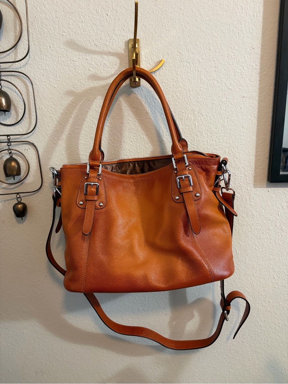 Convertible Leather Crossbody Tote in Cognac Brown - Picture 2 of 4